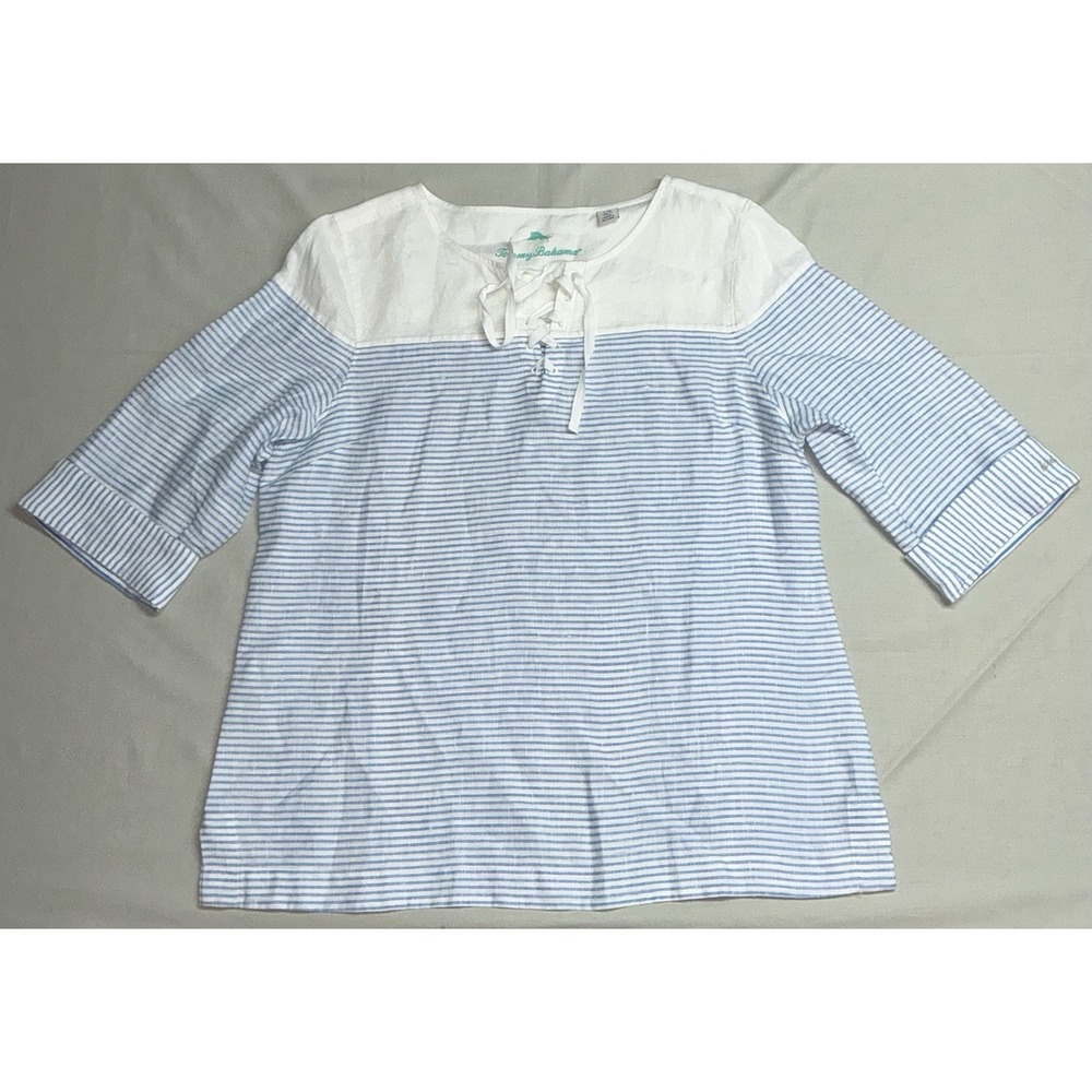 Tommy Bahama Women's Linen 3/4 Sleeve Lace Up Neck Size L